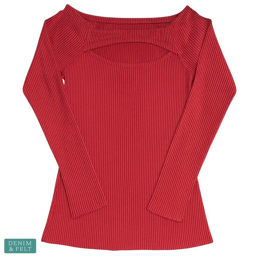 NEW Blue Buttercup Boutique Red Ribbed Cutout Long Sleeve Top Soft Stretch Chic